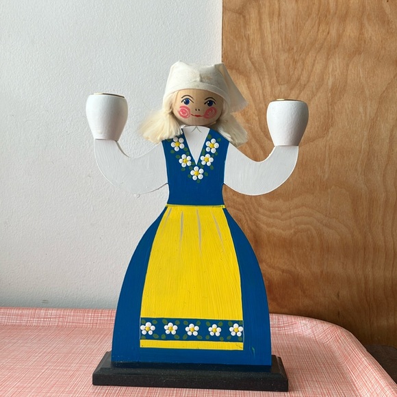 Vintage Other - Hantverksboden Swedish Handcrafted Wooden Doll Candle Holder - Blue and Yellow